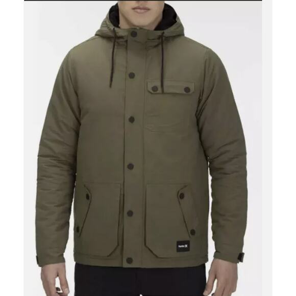 Hurley Slammer Jacket Men S Green #G4932-00 Hooded Long Sleeve Button-Up Winter - Picture 2 of 12